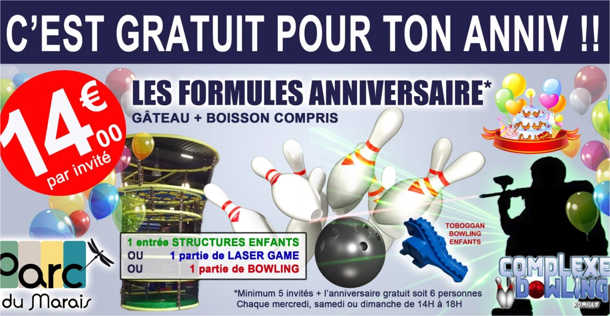 Affiche de la formule anniversaire au Parc du Marais pour fêter des anniversaires au bowling ou laser game